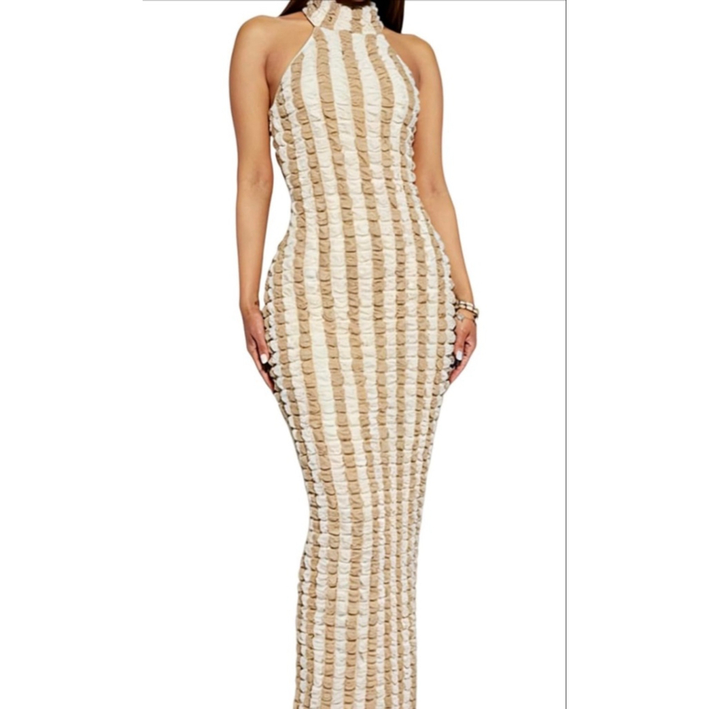NEW Halter Sleeveless Bubble Textured Backless Prom Cocktail Maxi Dress XS